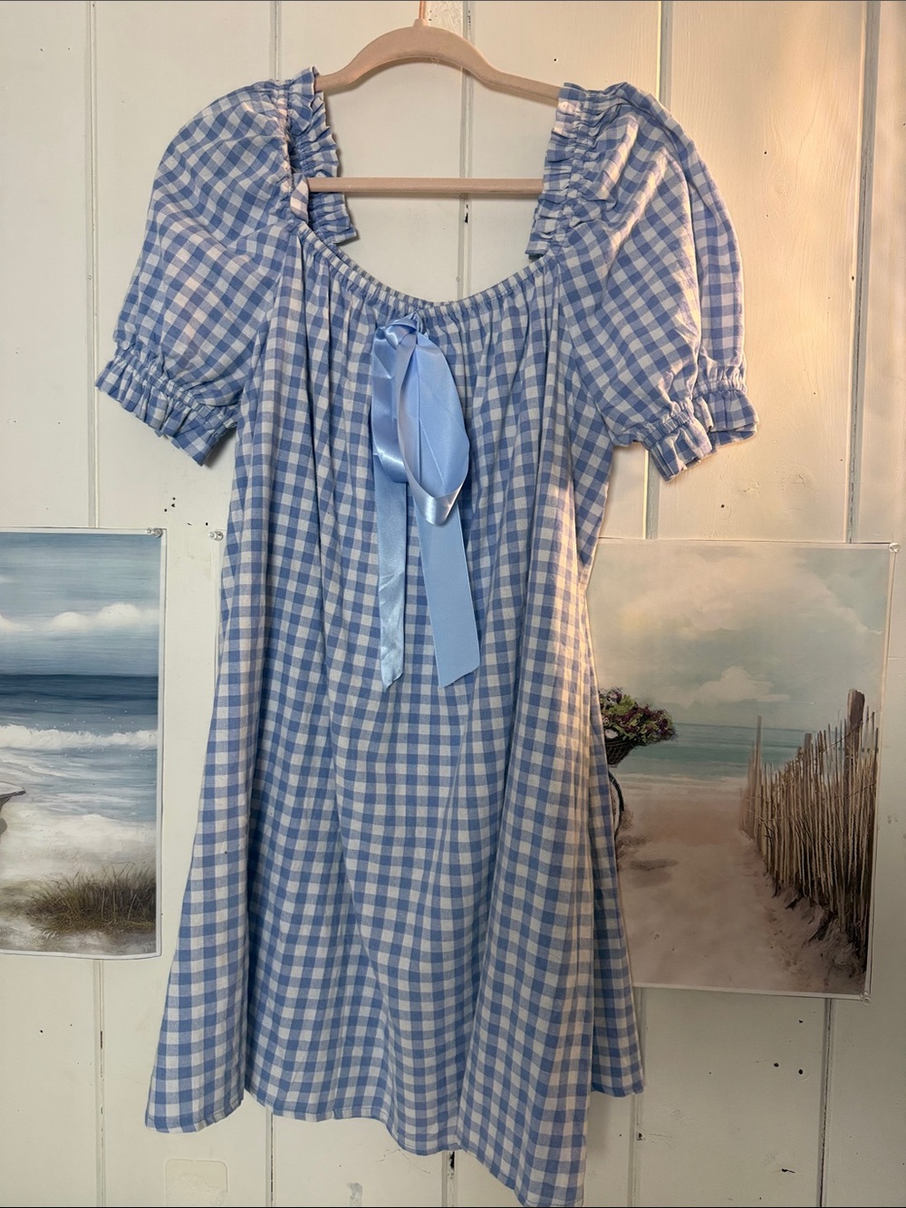 Blue and White Gingham Peasant Dress with Ribbon